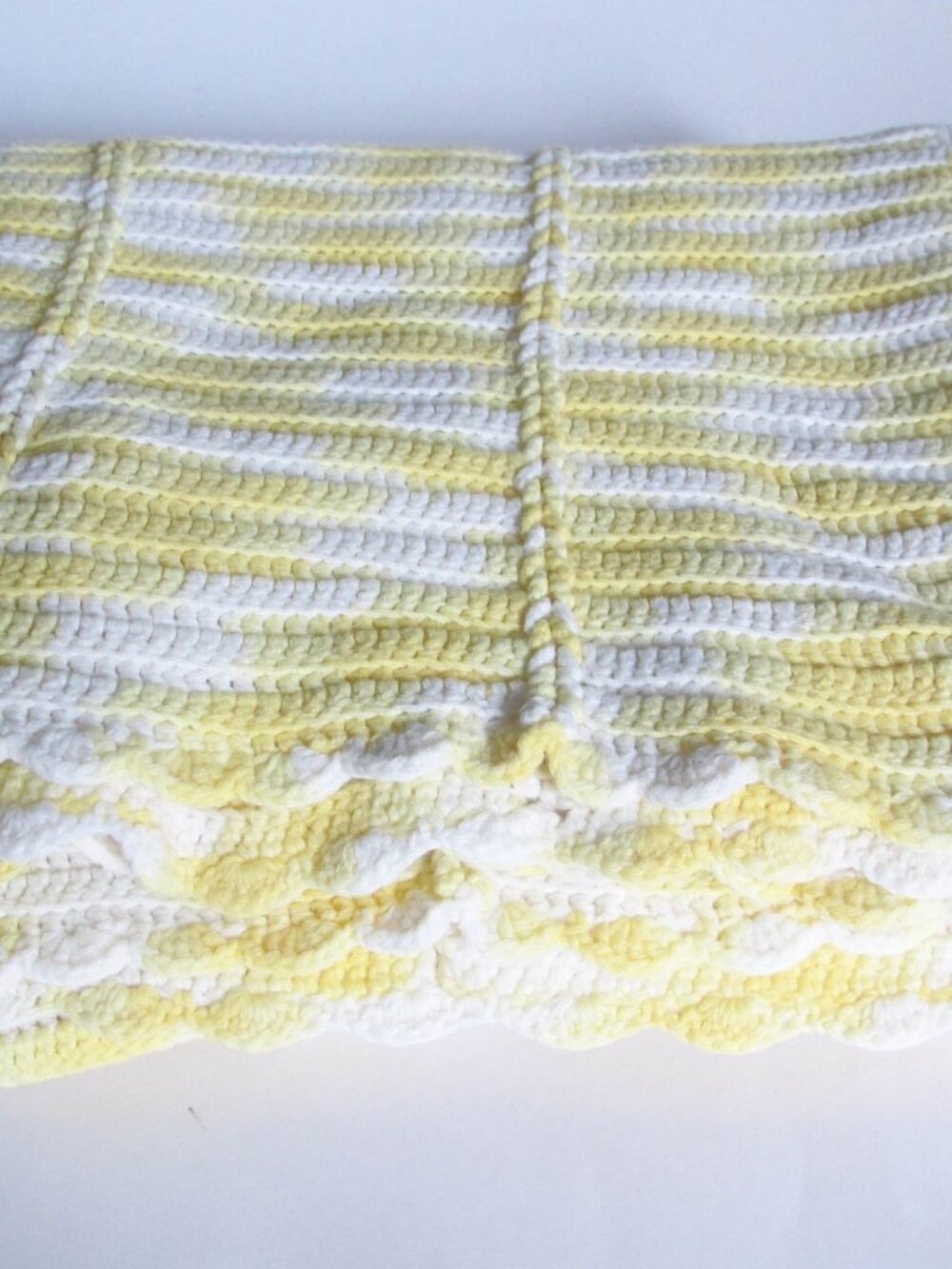 Yellow & White Crocheted Afghan: Scalloped Edge Cottage Throw (41x52")